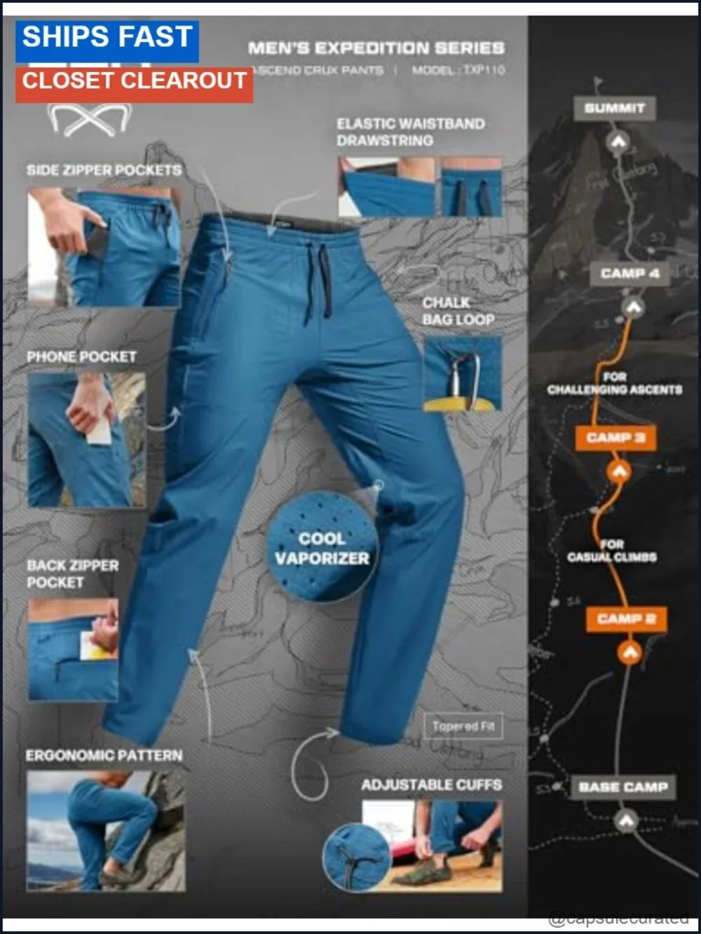 Men's Cargo Hiking Pants Lightweight Water-Resistant Stretch 87% Nylon